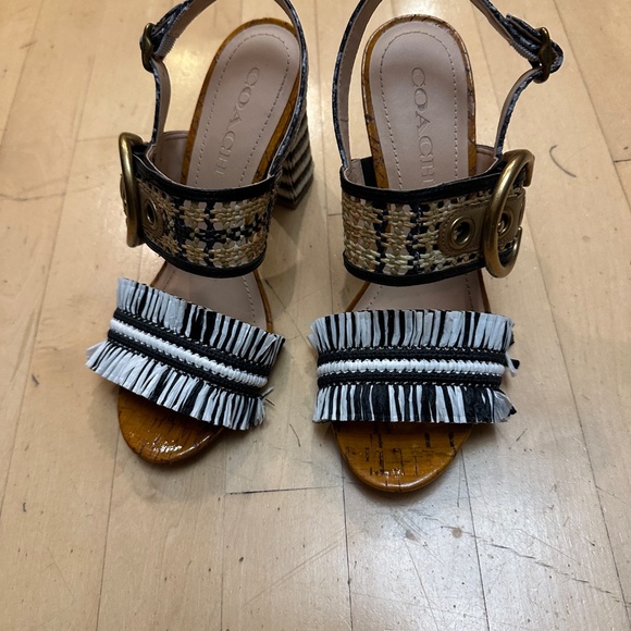 COACH "Robin" Black & White Striped Raffia Slingback Heels, 6.5, GD1199 - Picture 2 of 6